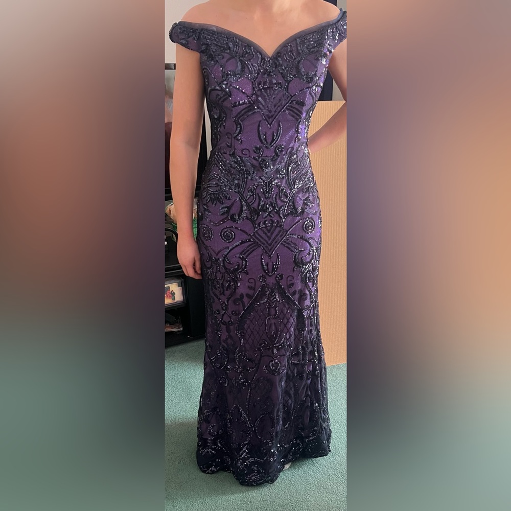 JVN by Jovani Purple Off-the-Shoulder Beaded Prom Gown